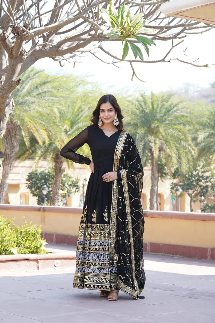 WOMENSAVTAR SEQUINS EMBROIDERED WORK GOWN WITH DUPATTA SET