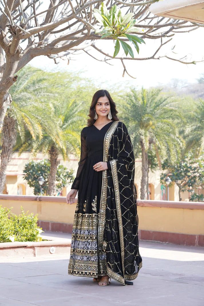 WOMENSAVTAR SEQUINS EMBROIDERED WORK GOWN WITH DUPATTA SET