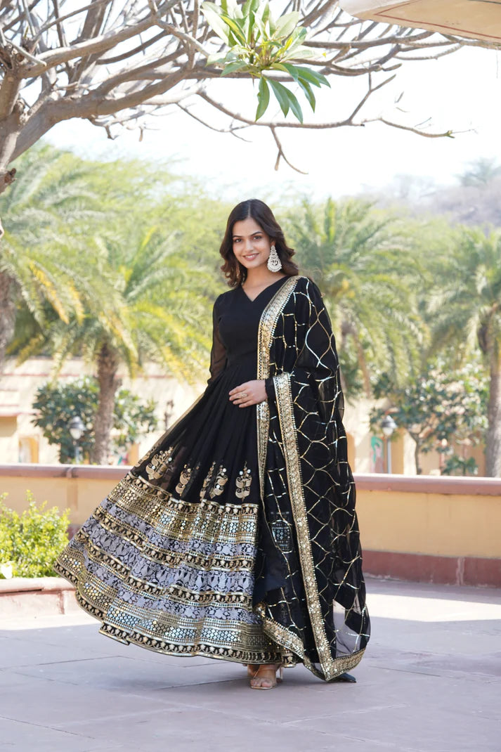 WOMENSAVTAR SEQUINS EMBROIDERED WORK GOWN WITH DUPATTA SET