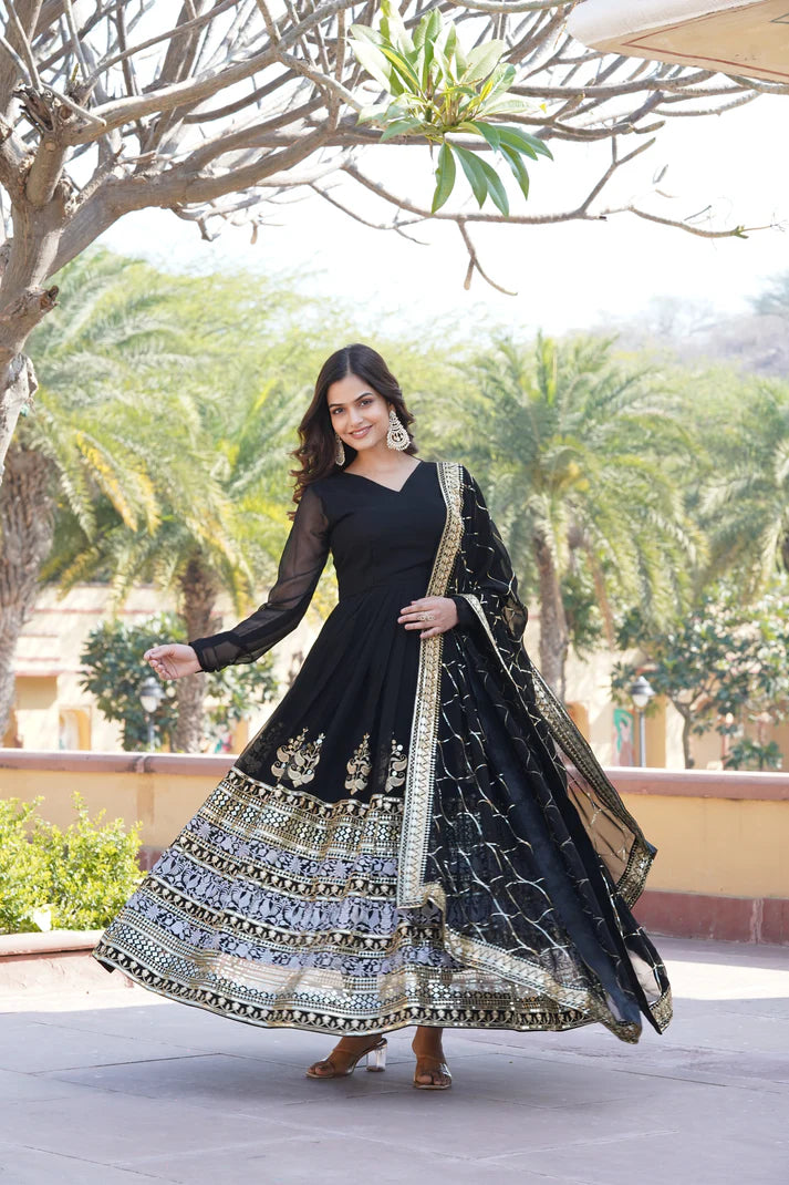 WOMENSAVTAR SEQUINS EMBROIDERED WORK GOWN WITH DUPATTA SET