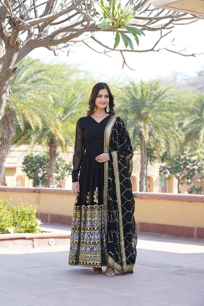 WOMENSAVTAR SEQUINS EMBROIDERED WORK GOWN WITH DUPATTA SET