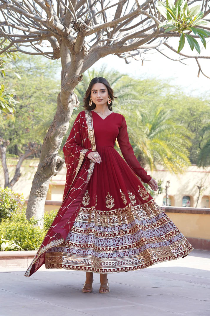 WOMENSAVTAR SEQUINS EMBROIDERED WORK GOWN WITH DUPATTA SET