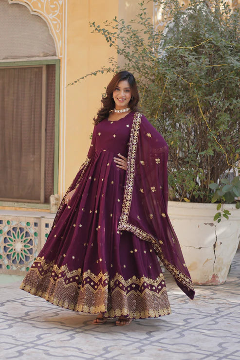 FAUX BLOOMING GEORGETTE SEQUINS EMBROIDERED GOWN WITH DUPATTA(WD12) (01)