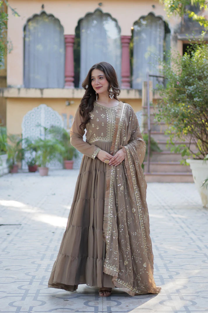 WEDDING SPECIAL STAR GEORGETTE ZARI SEQUINS EMBROIDERED GOWN WITH DUPATTA (WD56) (03)