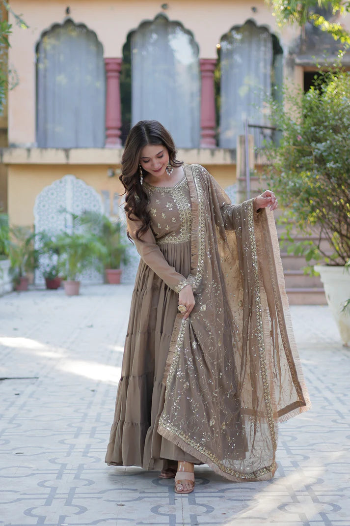 WEDDING SPECIAL STAR GEORGETTE ZARI SEQUINS EMBROIDERED GOWN WITH DUPATTA (WD56) (03)