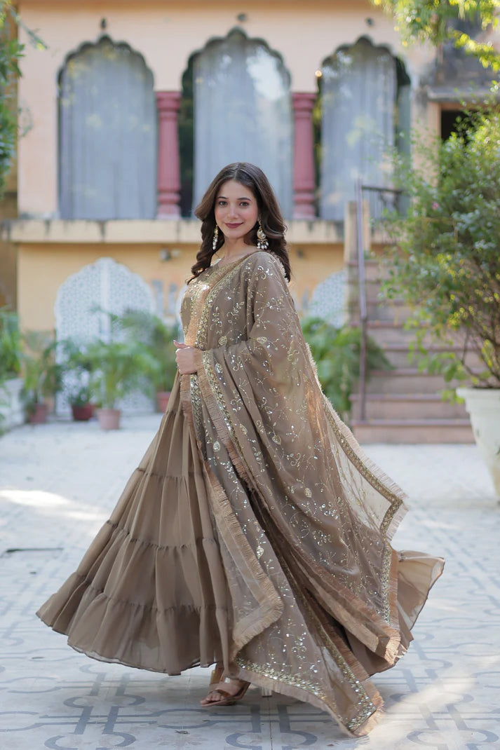 WEDDING SPECIAL STAR GEORGETTE ZARI SEQUINS EMBROIDERED GOWN WITH DUPATTA (WD56) (03)