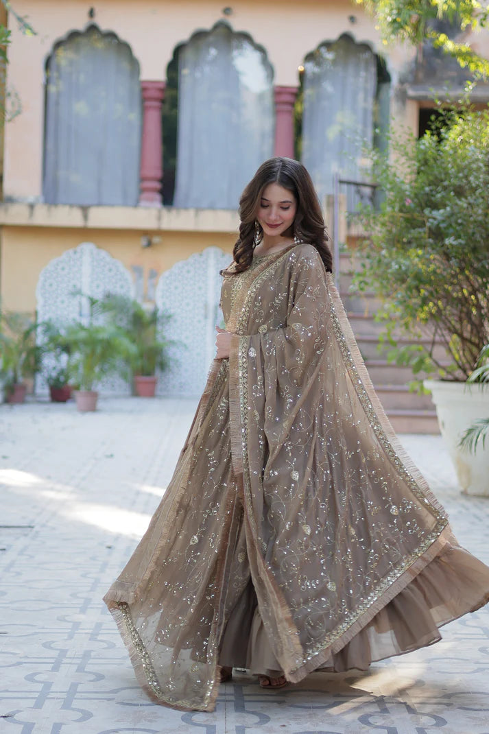 WEDDING SPECIAL STAR GEORGETTE ZARI SEQUINS EMBROIDERED GOWN WITH DUPATTA (WD56) (03)