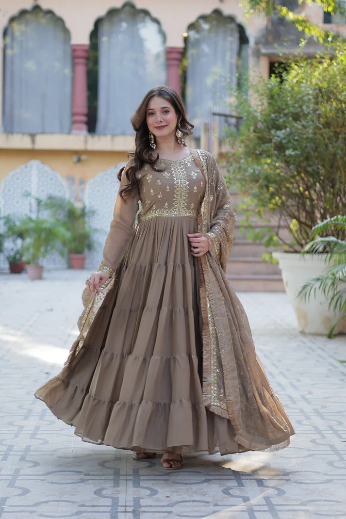 WEDDING SPECIAL STAR GEORGETTE ZARI SEQUINS EMBROIDERED GOWN WITH DUPATTA (WD56) (03)
