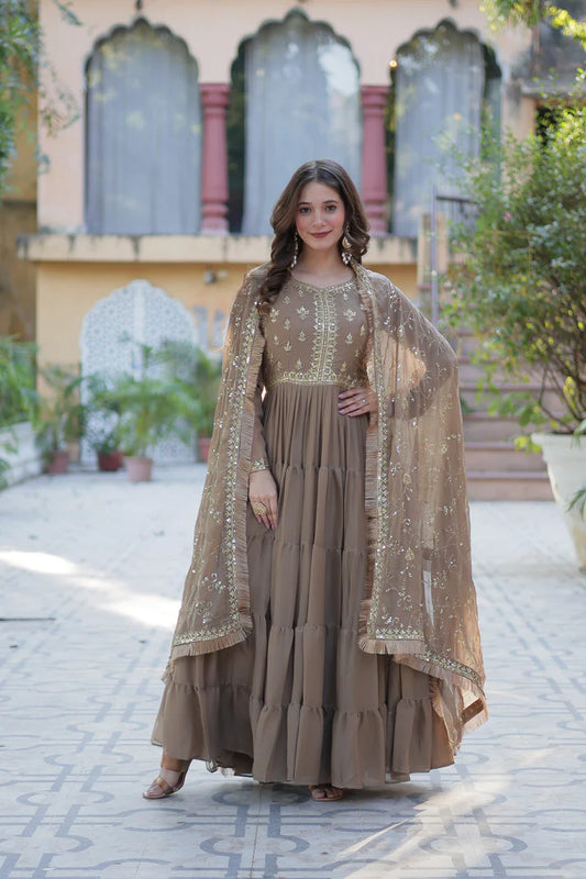 WEDDING SPECIAL STAR GEORGETTE ZARI SEQUINS EMBROIDERED GOWN WITH DUPATTA (WD56) (03)