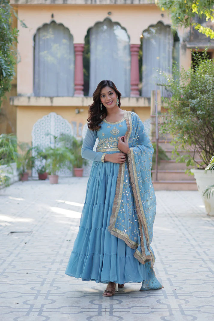 WEDDING SPECIAL STAR GEORGETTE ZARI SEQUINS EMBROIDERED GOWN WITH DUPATTA (WD56) (02)