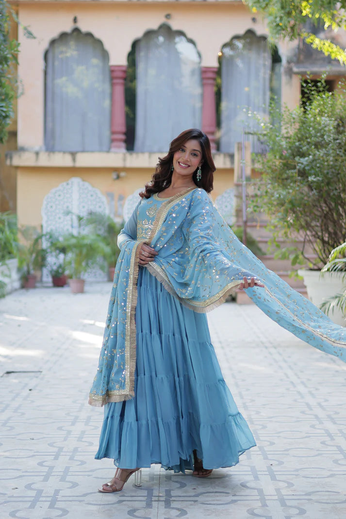 WEDDING SPECIAL STAR GEORGETTE ZARI SEQUINS EMBROIDERED GOWN WITH DUPATTA (WD56) (02)