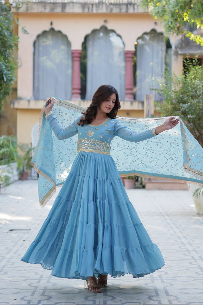 WEDDING SPECIAL STAR GEORGETTE ZARI SEQUINS EMBROIDERED GOWN WITH DUPATTA (WD56) (02)