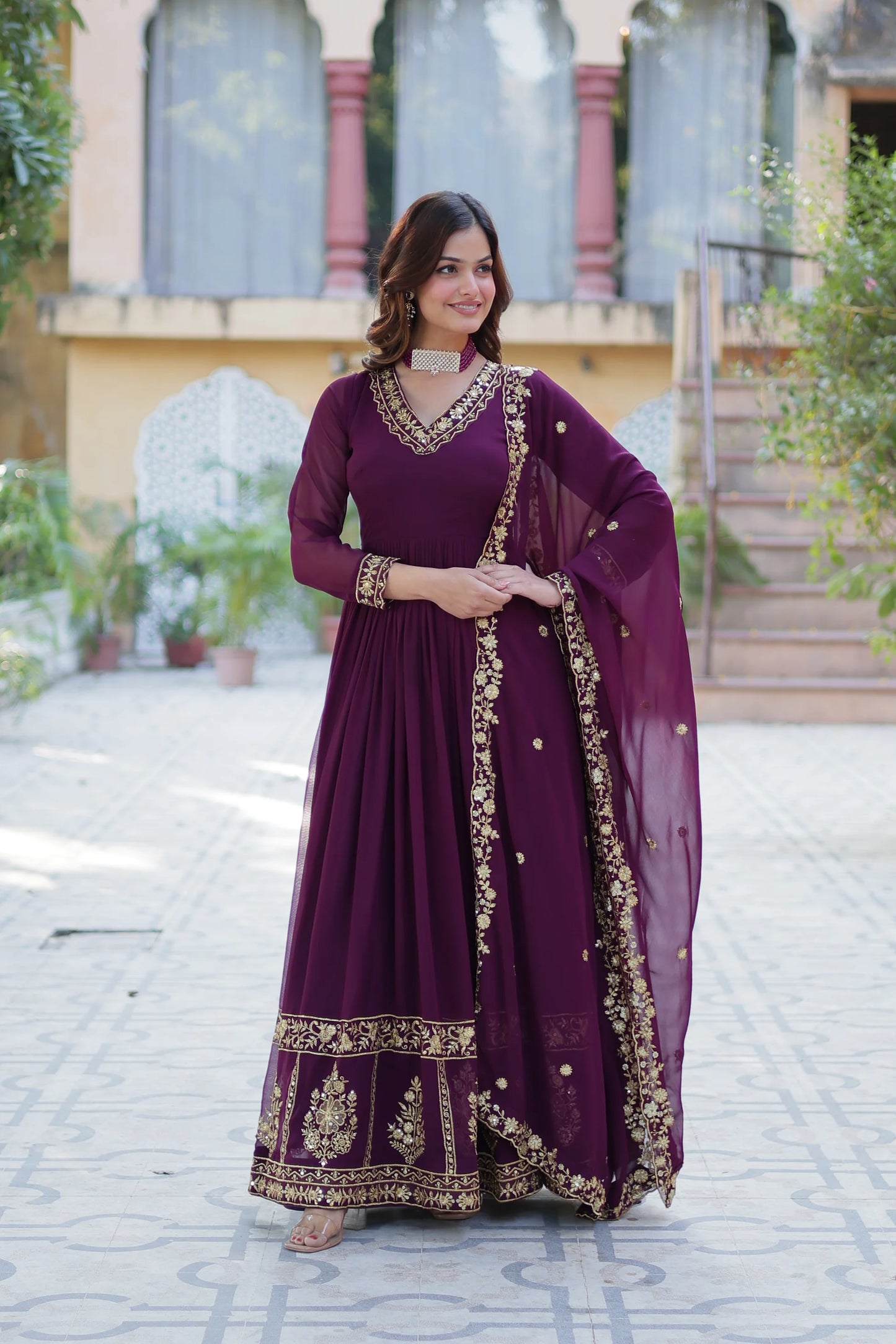 WEDDING SPECIAL FAUX BLOOMING GEORGETTE EMBROIDERED GOWN WITH DUPATTA(WD59) (01)