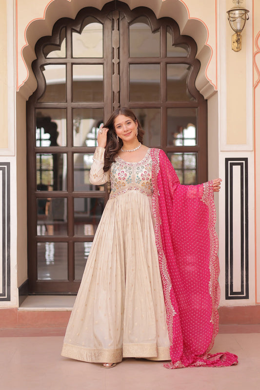 FESTIVE SPECIAL COSMOS WEAVING PEARL BEADS EMBROIDERED GOWN WITH DUPATTA(WD178) 02