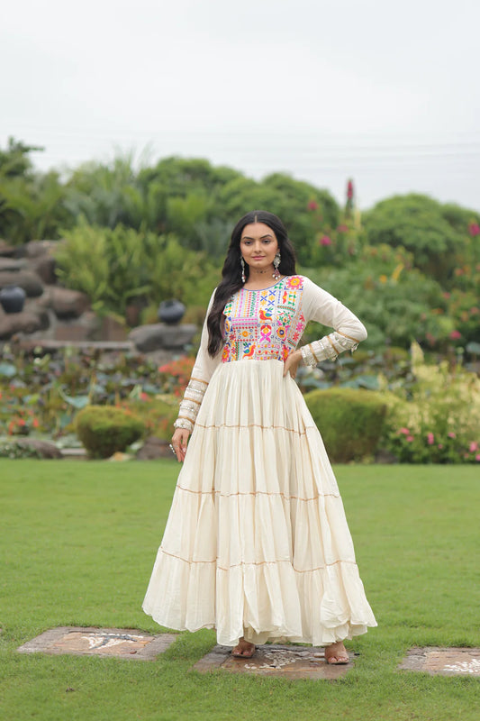 NAVRATRI SPECIAL KORA COTTON EMBROIDERED GOWN WITH GOTA PATTI WORK(WD189)