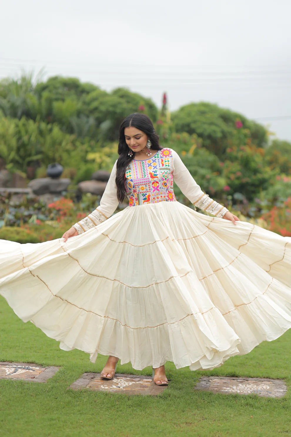 NAVRATRI SPECIAL KORA COTTON EMBROIDERED GOWN WITH GOTA PATTI WORK(WD189)