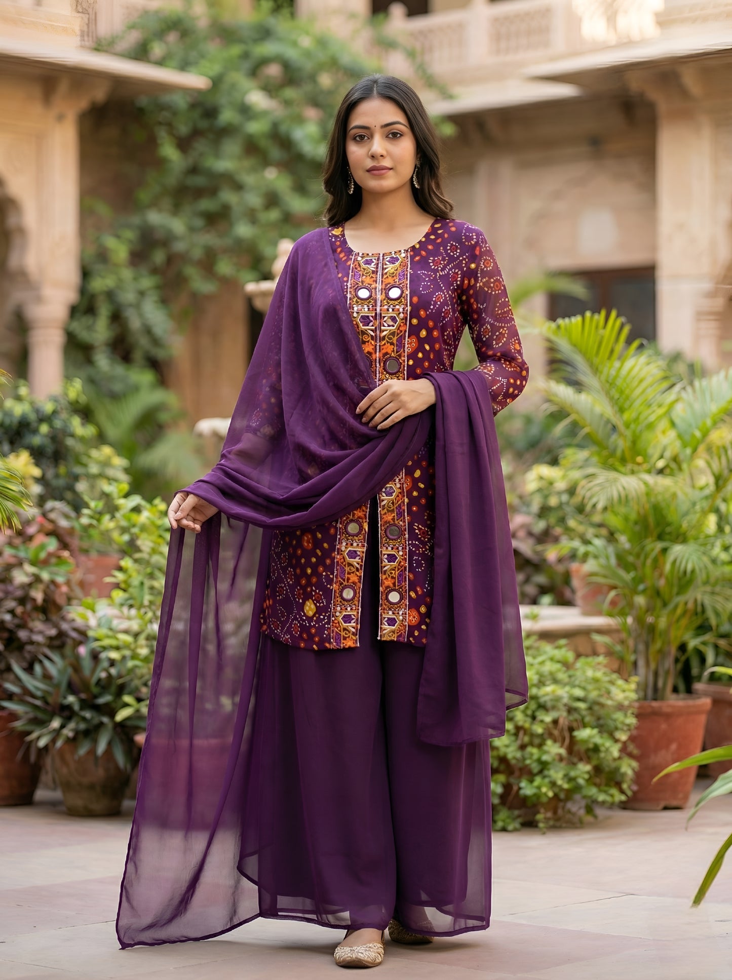 A Rich Purple And Pink Bandhani Printed Plazo set Featuring An Embroidered Front Panel, Flowy Matching Bottoms and A Sheer Dupatta For An Elegant Ethnic Look. (NFRD01)