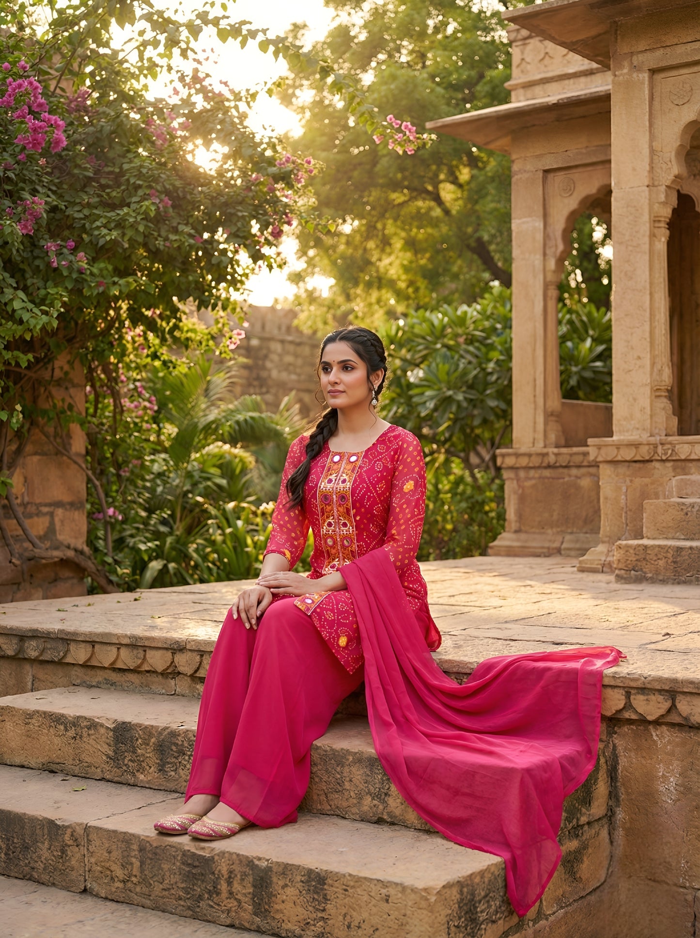 A Rich Purple And Pink Bandhani Printed Plazo set Featuring An Embroidered Front Panel, Flowy Matching Bottoms and A Sheer Dupatta For An Elegant Ethnic Look. (NFRD01)