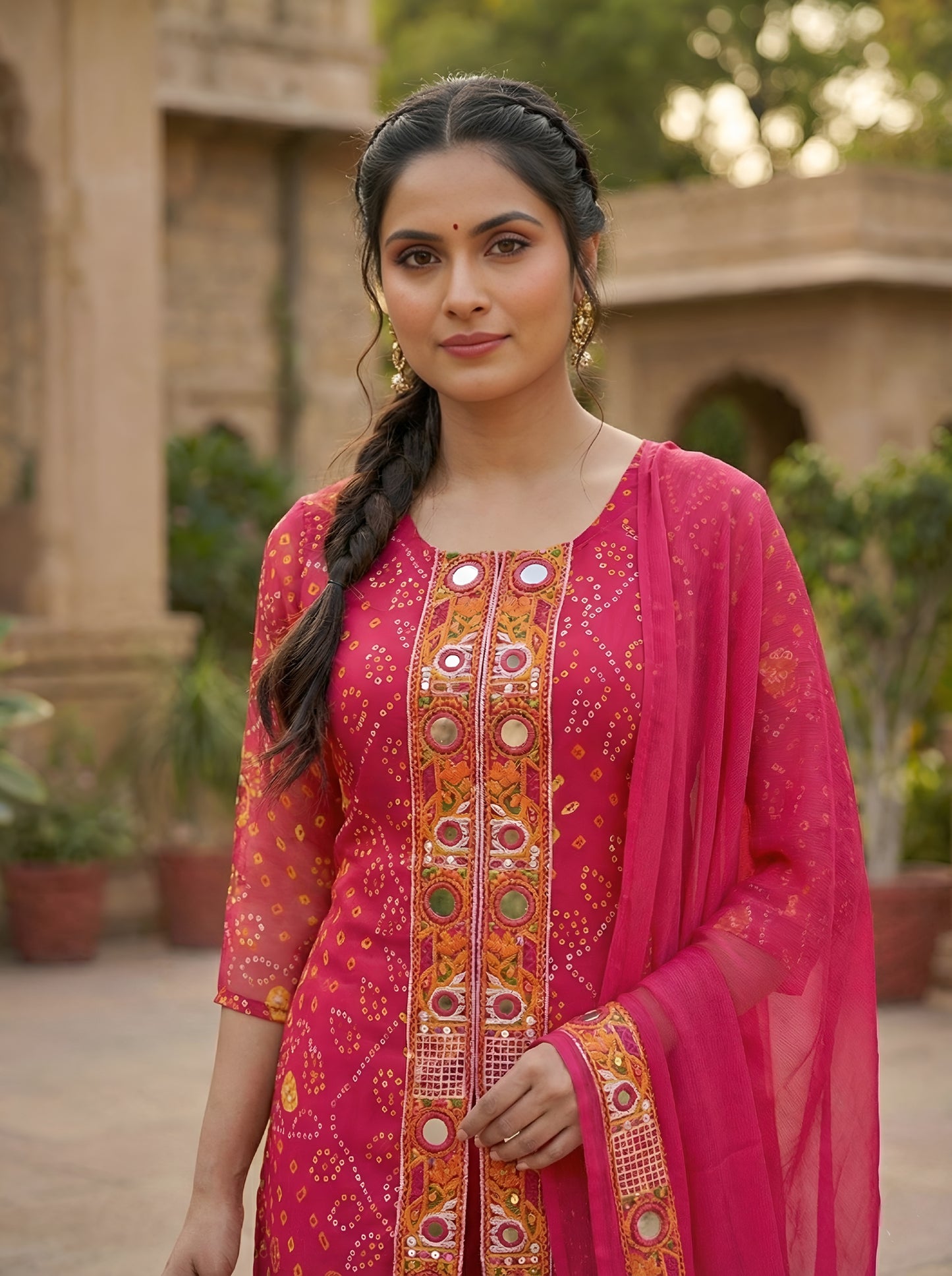 A Rich Purple And Pink Bandhani Printed Plazo set Featuring An Embroidered Front Panel, Flowy Matching Bottoms and A Sheer Dupatta For An Elegant Ethnic Look. (NFRD01)