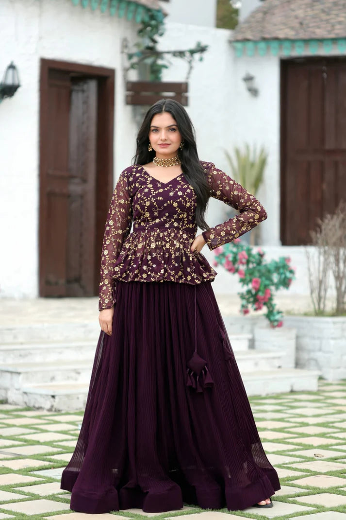 Magenta Faux Georgette Lehenga With Sequence Embroidered Peplum Blouse(WD171)