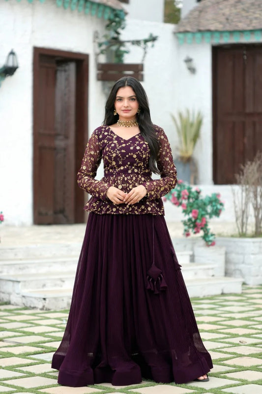Magenta Faux Georgette Lehenga With Sequence Embroidered Peplum Blouse(WD171)