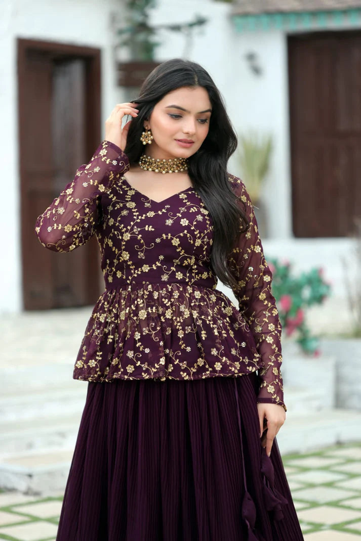 Magenta Faux Georgette Lehenga With Sequence Embroidered Peplum Blouse(WD171)