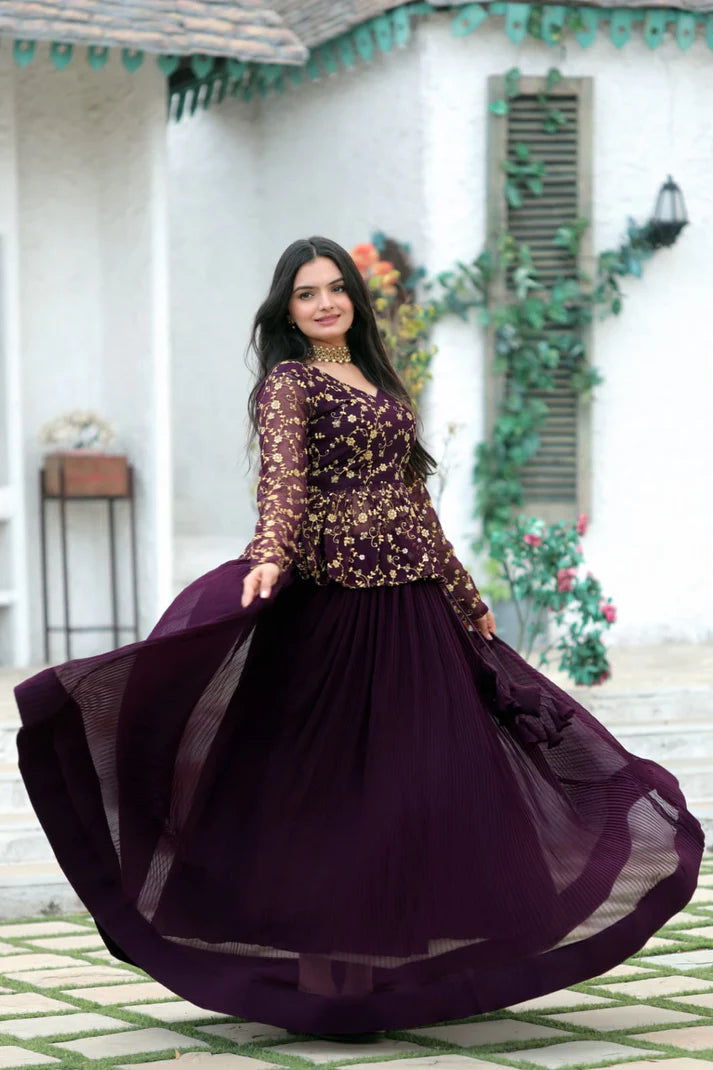 Magenta Faux Georgette Lehenga With Sequence Embroidered Peplum Blouse(WD171)