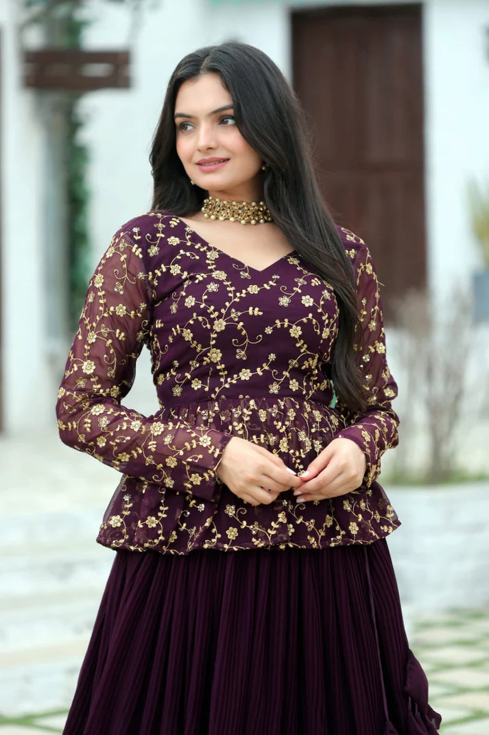Magenta Faux Georgette Lehenga With Sequence Embroidered Peplum Blouse(WD171)
