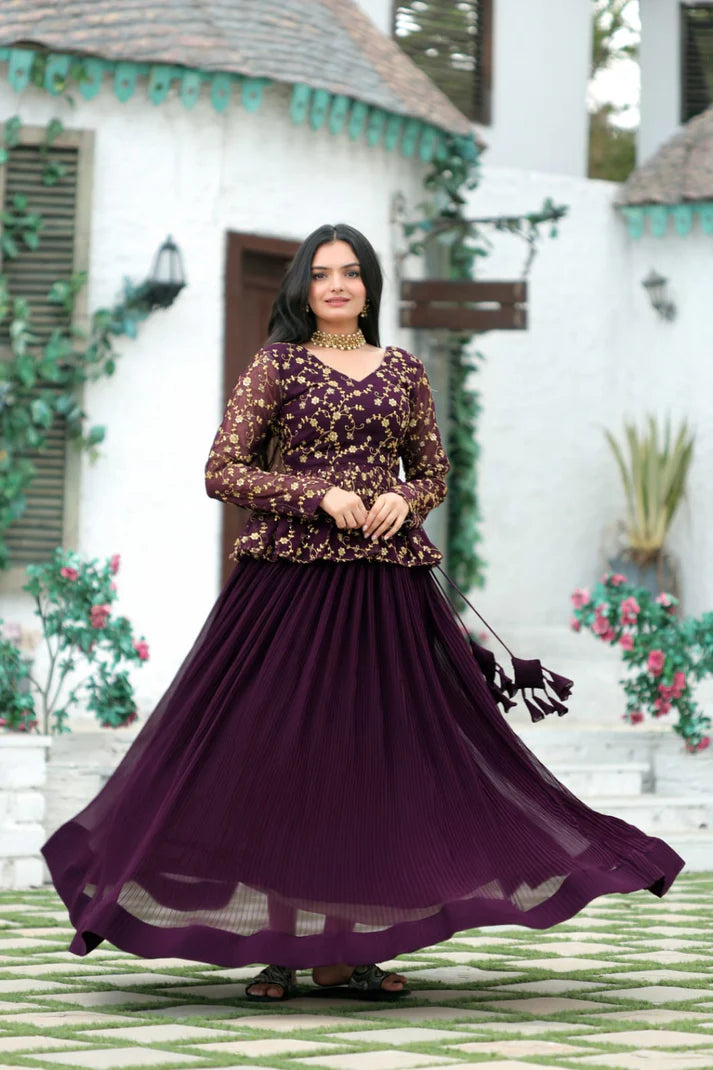 Magenta Faux Georgette Lehenga With Sequence Embroidered Peplum Blouse(WD171)