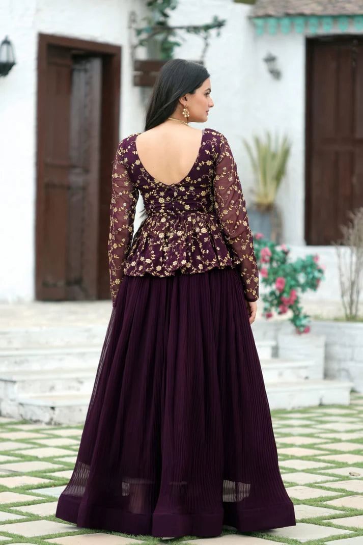 Magenta Faux Georgette Lehenga With Sequence Embroidered Peplum Blouse(WD171)