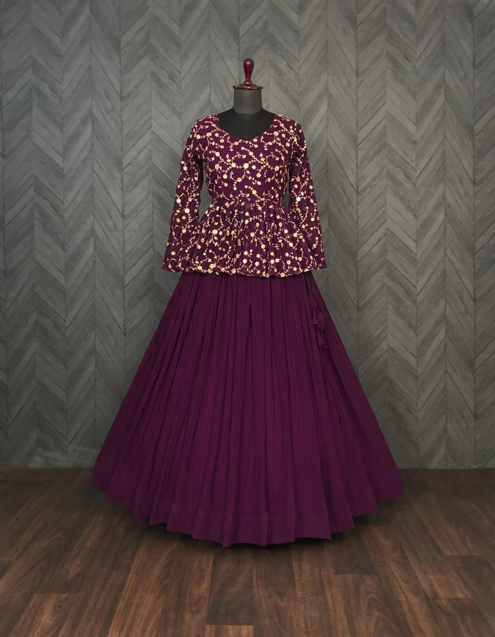 Magenta Faux Georgette Lehenga With Sequence Embroidered Peplum Blouse(WD171)
