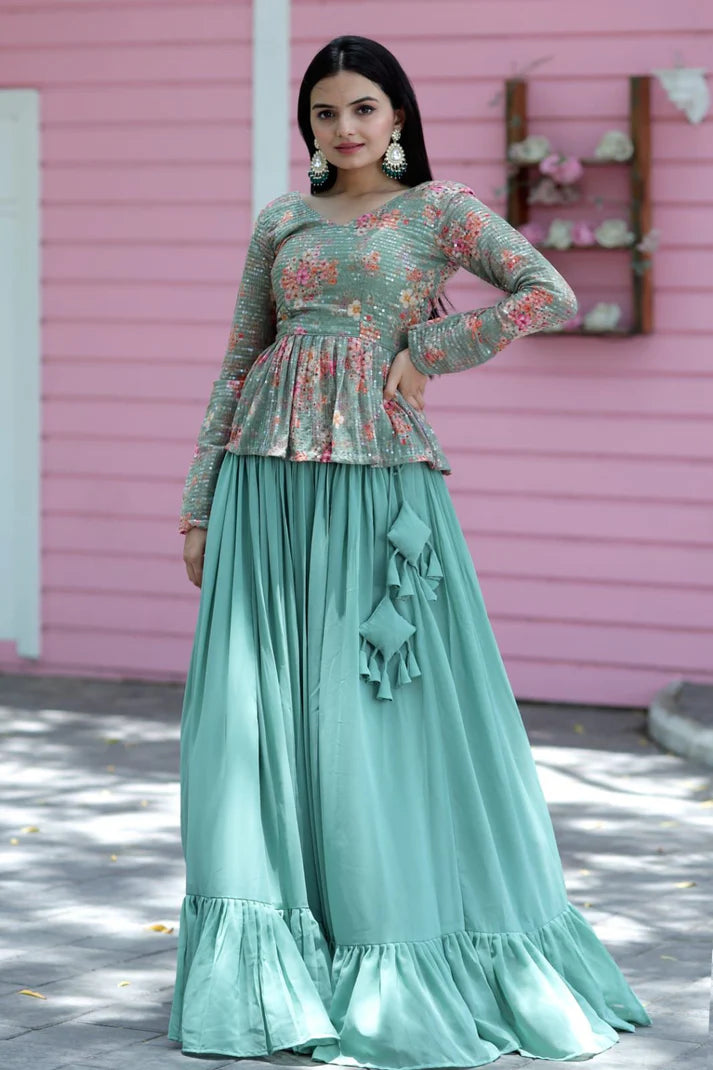 Green Faux Georgette Ruffle Lehenga With Sequence Embroidered Peplum Blouse(WD170)