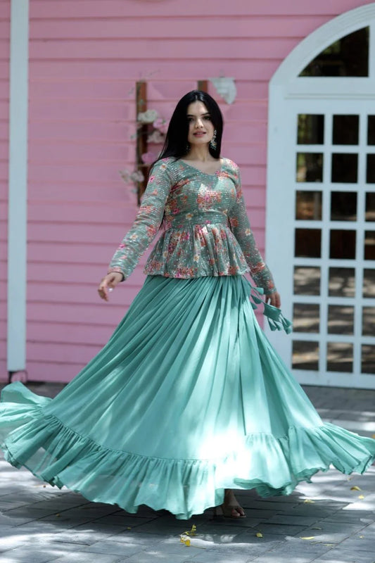 Green Faux Georgette Ruffle Lehenga With Sequence Embroidered Peplum Blouse(WD170)