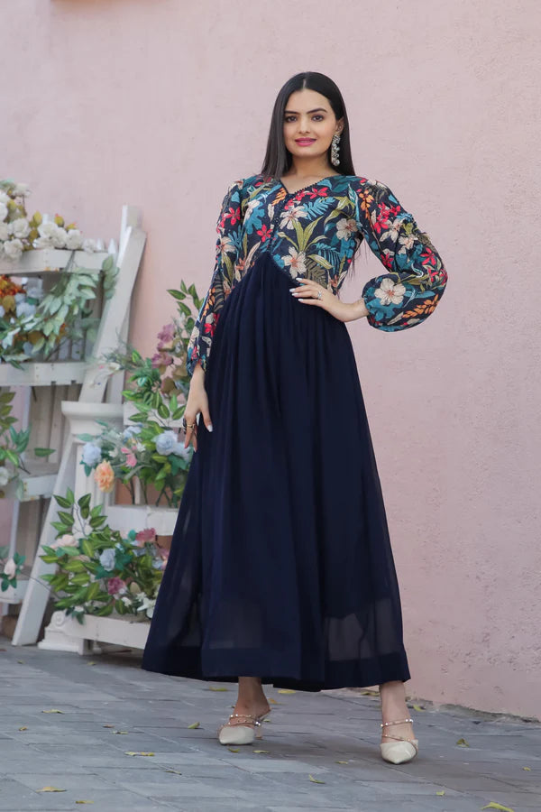 Womensavtar Blue Georgette floral design flared gown