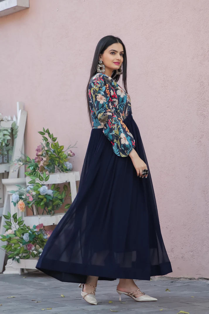 Womensavtar Blue Georgette floral design flared gown