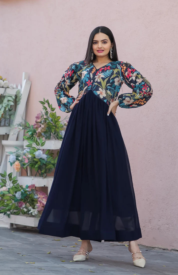 Womensavtar Blue Georgette floral design flared gown