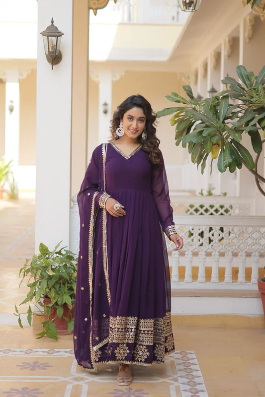 Faux Blooming Gown with Dupatta With Attractive Embroidered Sequins work.(WD32)(02)