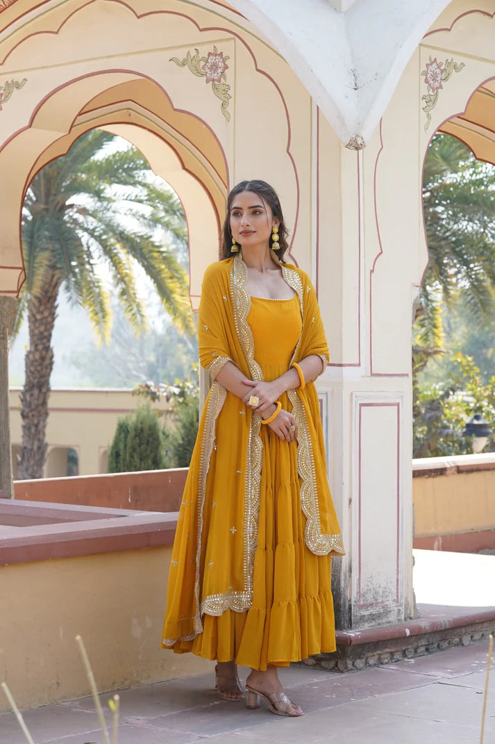 Womensavtar  Desirable Women's gown Made With Faux Georgette Fabrics and Designer Embroidered Dupatta