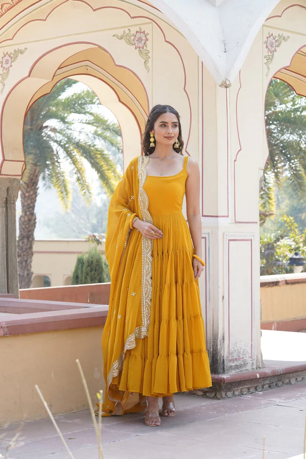 Womensavtar  Desirable Women's gown Made With Faux Georgette Fabrics and Designer Embroidered Dupatta