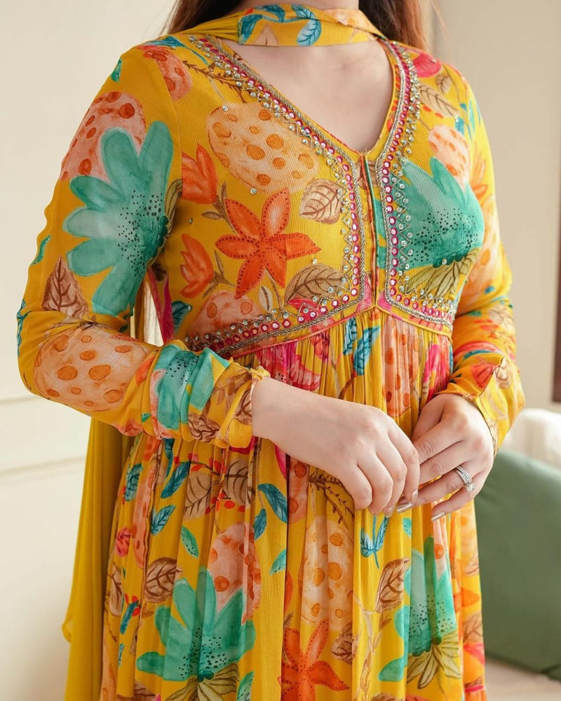 LAUNCHING GLAMOUROUS YELLOW ALIYA CUT WHICH IS BEAUTIFULLY DECORATED WITH INTRICATE HANDWORK,