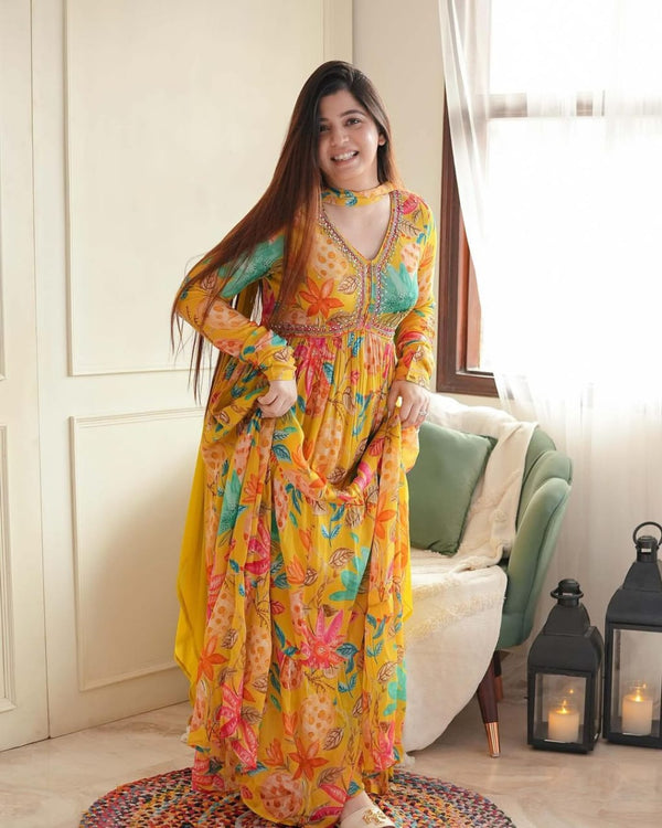 LAUNCHING GLAMOUROUS YELLOW ALIYA CUT WHICH IS BEAUTIFULLY DECORATED WITH INTRICATE HANDWORK,