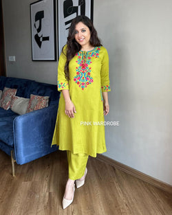 New in festive aari work kurta Plazzo set. Get your hands on our beautiful lemon green kurti with intricate thread aari