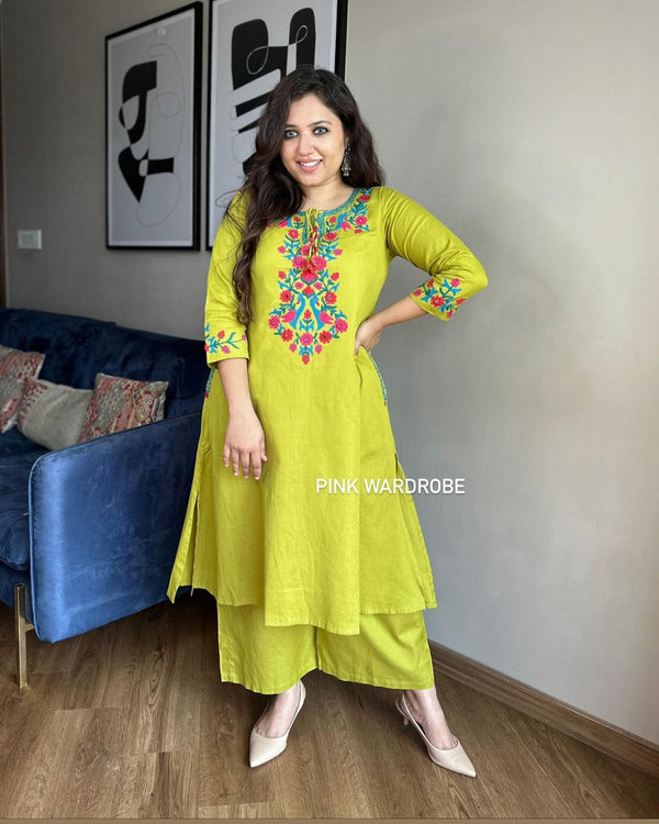 New in festive aari work kurta Plazzo set. Get your hands on our beautiful lemon green kurti with intricate thread aari