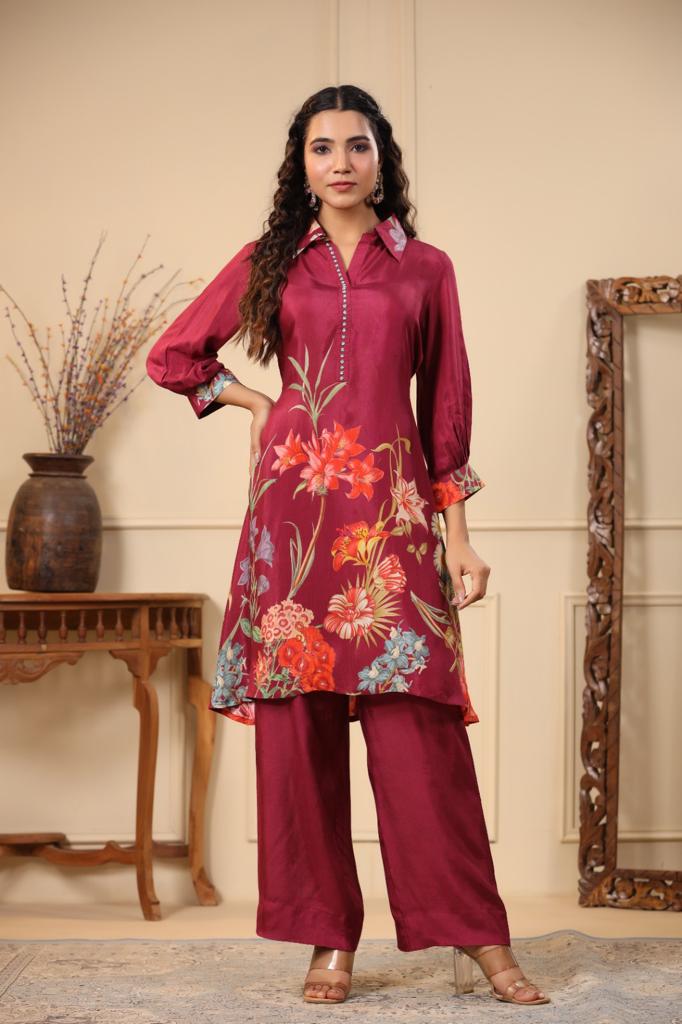 This stunning set features a beautiful plazzo bottom and Designer Kurta with a neck line adorned with gorgeous detailing....