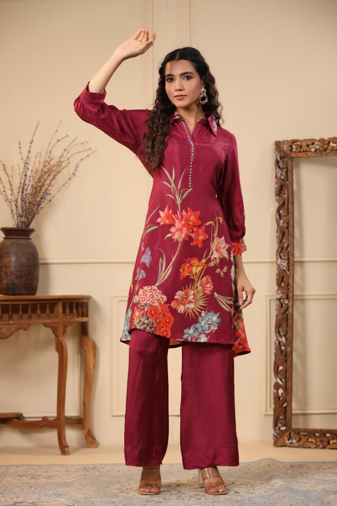 This stunning set features a beautiful plazzo bottom and Designer Kurta with a neck line adorned with gorgeous detailing....