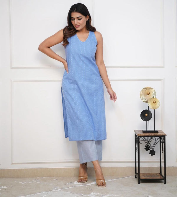 Pure Soft Cotton Handloom Katha work kurti with plazo