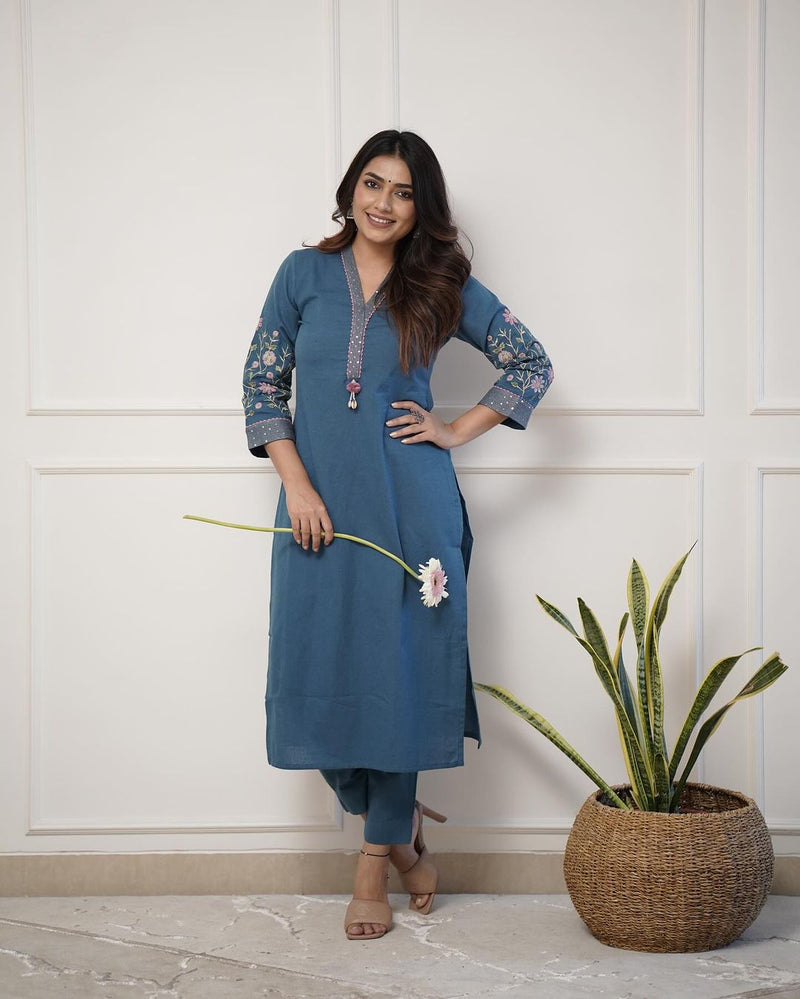 Upgrade your office wear wardrobe with this classy ( White Blue. Yellow colour ,) kurti pant  with embroidery  detailing for all day comfort and trendy look