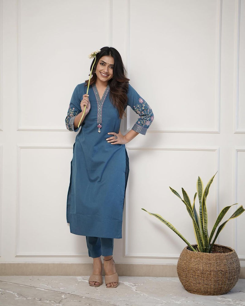 Upgrade your office wear wardrobe with this classy ( White Blue. Yellow colour ,) kurti pant  with embroidery  detailing for all day comfort and trendy look