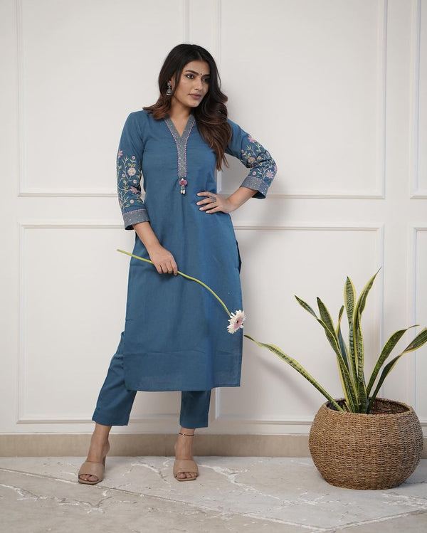 Upgrade your office wear wardrobe with this classy ( White Blue. Yellow colour ,) kurti pant  with embroidery  detailing for all day comfort and trendy look