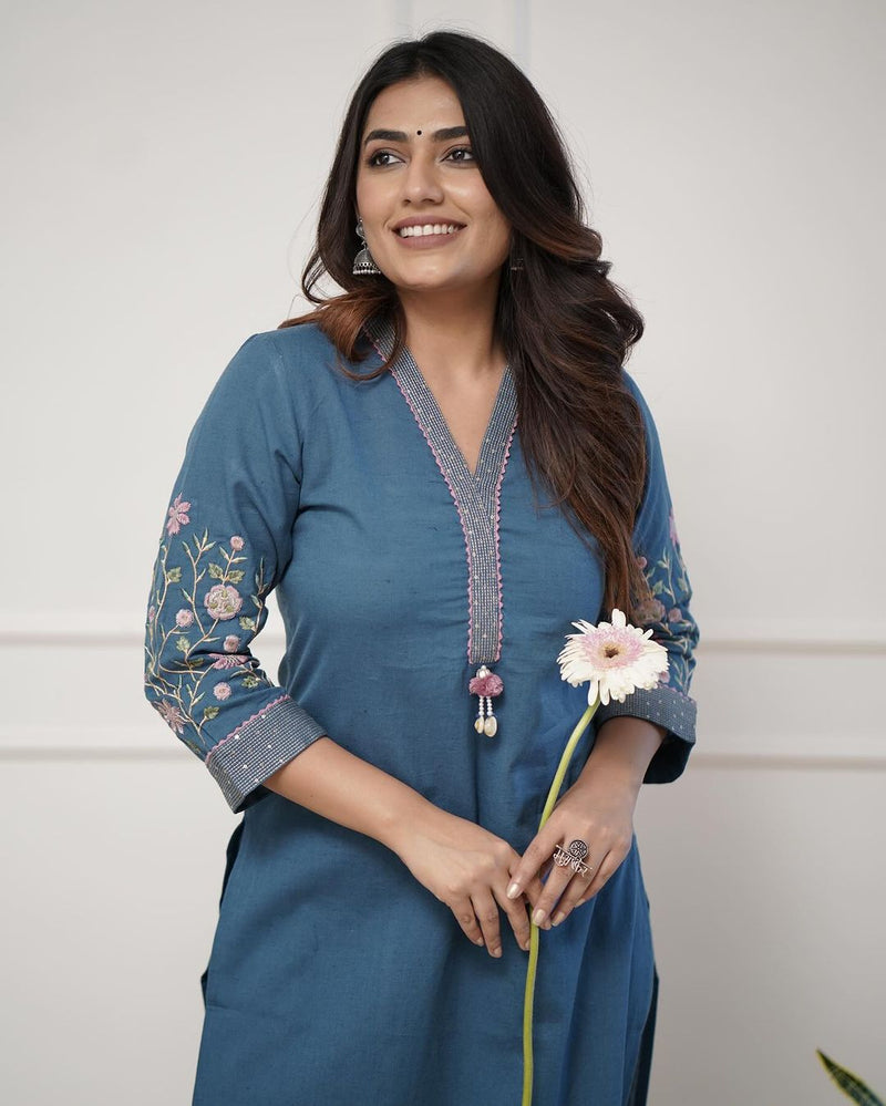 Upgrade your office wear wardrobe with this classy ( White Blue. Yellow colour ,) kurti pant  with embroidery  detailing for all day comfort and trendy look